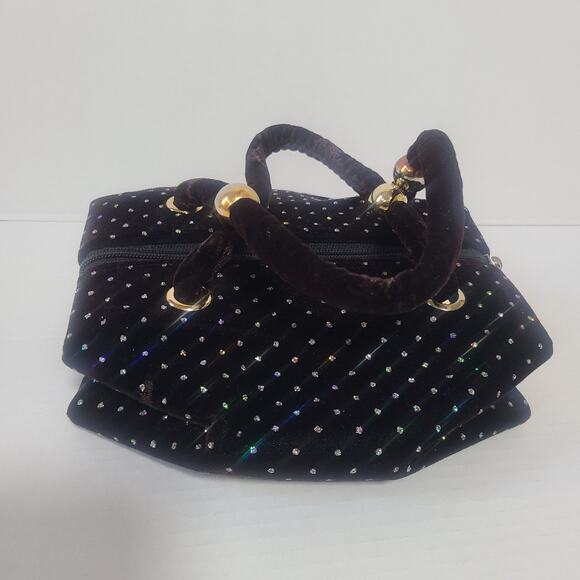 Vintage Black Velvet Rhinestone Evening Handbag w Gold Ball Accent 1960's Style - Picture 6 of 14